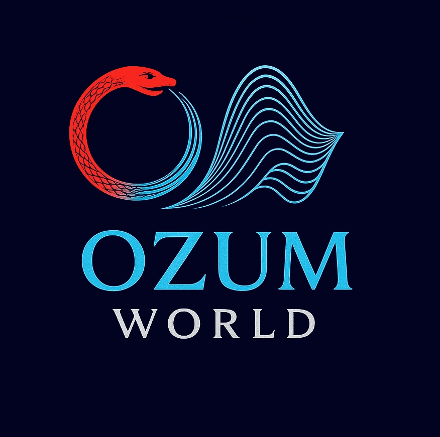 Logo azul de Ozum World con tipografía artística